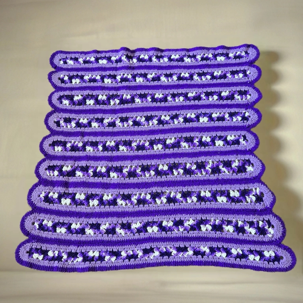 Vintage Handmade Crocheted Baby Blanket Purples-White Unisex 45 X 42 Crib Carry